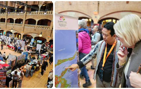 Impressies van een beurs en mensen die reizen en bestemmingen tonen.