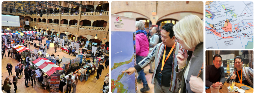 Impressies van een beurs en mensen die reizen en bestemmingen tonen.